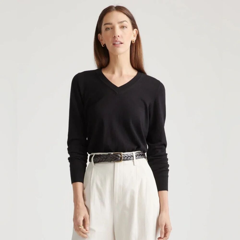 Quince Lightweight Cotton Cashmere V-Neck Sweater NEW Black